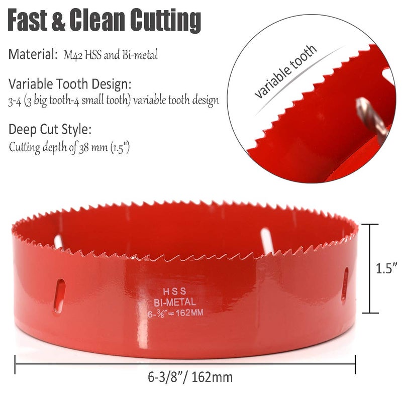 Koopi 6 3/8 inch Hole Saw with Heavy Duty Arbor, 38mm Depth Bi-Metal Hole Cutter, Easily Drilling Wood, Plastic, Plywood, Ceiling, Thin Metal for Recessed Lighting, Can Lights (162mm Dia.) - Image 2